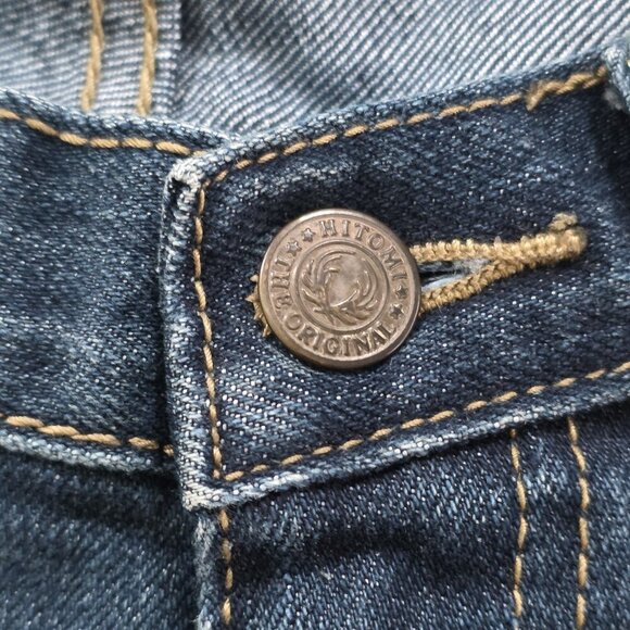 A Vintage HTM Hitomi Jean Mens 29x32 Blue Straigh Leg Japan Distressed Wiskering - Picture 9 of 16